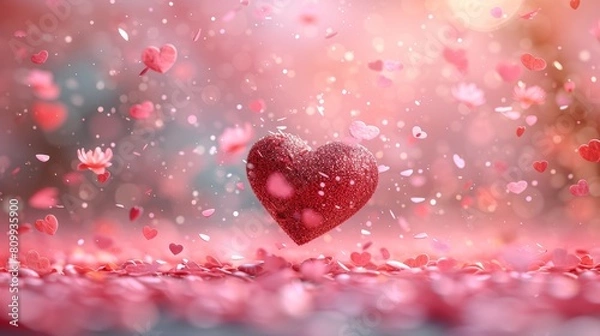 Fototapeta Red hearts shapes on colorful background symbolizing valentines day