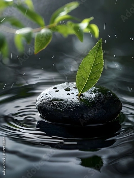 Fototapeta Zen Like Pack Shot of Gyokuro Leaf Floating on Smooth Black Stone with Rippling Water Backdrop