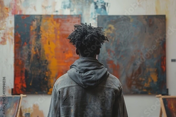 Fototapeta An individual with an afro is seen from behind, gazing at vibrant abstract paintings in a creative studio environment