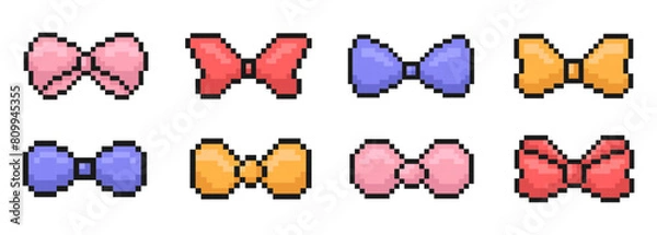 Obraz bowknot pixel art set, various bows, 80s, 90s, old arcade video game style, ribbon, birthday decor, celebration, items for game, mobile app and more, vector illustration