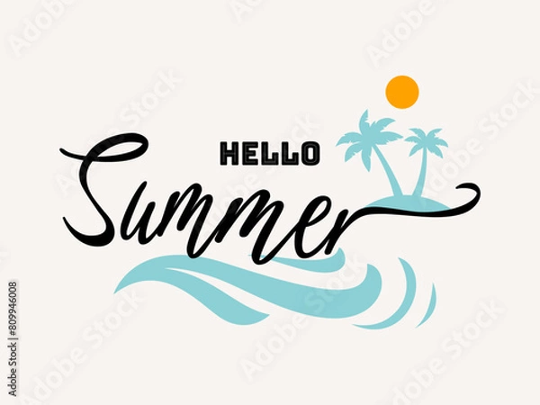 Fototapeta Vector Illustration: Elements of Hand Drawn Lettering of Hello Summer with Sun. doodle handwritten brush design.