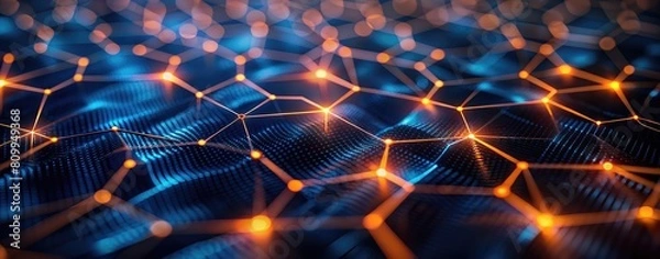 Obraz Gold and black geometric connection background with orange lights for futuristic navy abstract technology banner. Digital dark wallpaper