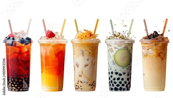 Obraz Colorful and refreshing bubble tea drinks with various flavors and toppings.