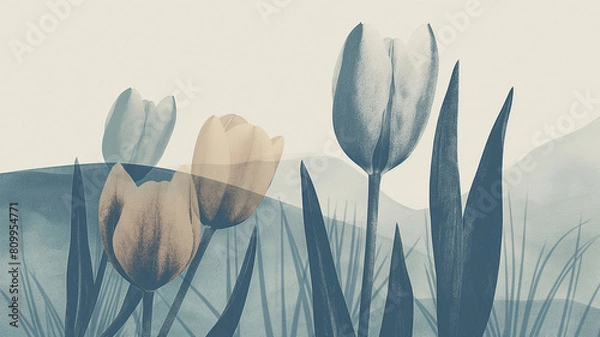 Obraz Hand-drawn minimalistic tulip pattern wallpaper. Tulip image designed with textile items.