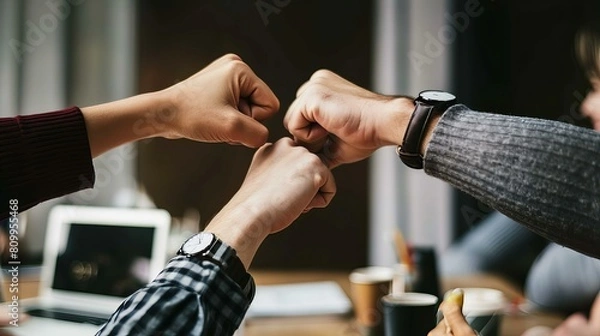 Fototapeta An inspiring image capturing a group of professionals in a circular fist bump, symbolizing teamwork and solidarity in a corporate environment