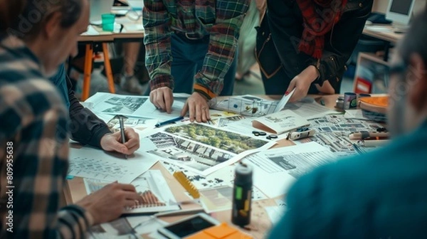 Obraz A dynamic image of a creative team intensely discussing and reviewing design layouts and digital content, captured in a modern office setting