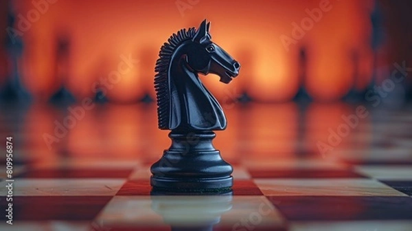 Fototapeta A warm tan surface with a single black chess knight