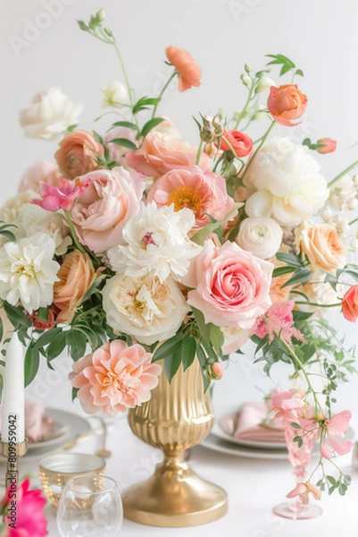 Fototapeta Arrangement of pink roses, peonies and ranunculus flowers in a vintage gold vase.