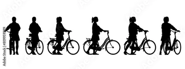 Fototapeta Vector concept or conceptual black silhouette of a woman riding a bicycle from different perspectives isolated on white background. A metaphor for health, fitness, work, leisure and lifestyle