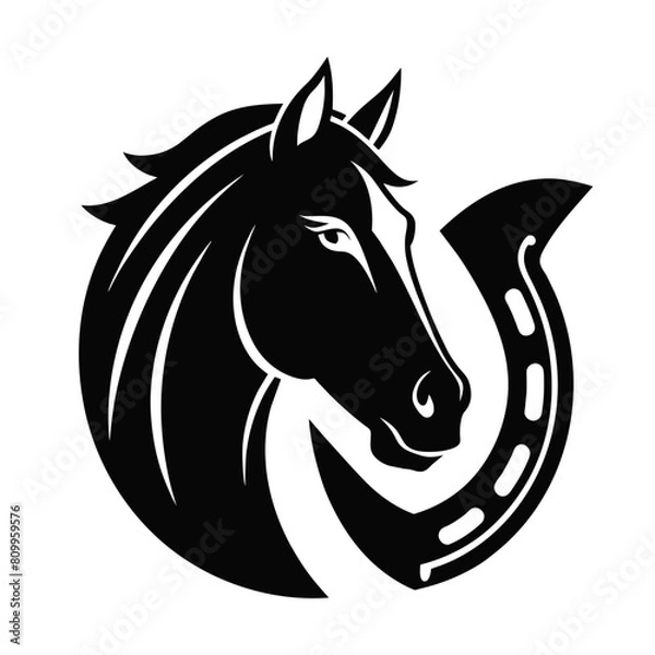 Fototapeta Horse head with horseshoe, black and white vector illustration