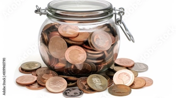 Obraz A transparent glass jar filled to the brim with numerous coins of different currencies.