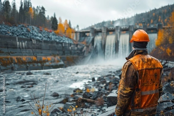 Fototapeta A worker in an orange vest stands before a large hydroelectric dam, with water streaming down amidst a misty, autumn-colored forest