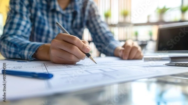 Fototapeta Close-up shot of architect's hand working on architectural plans. Creative professional hand-drawing blueprints for interior design project.