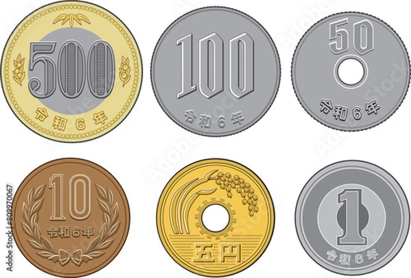 Fototapeta お金のイラスト 日本硬貨表 セット