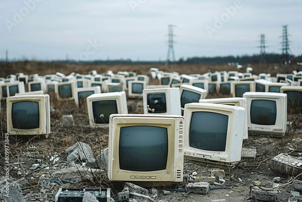 Obraz Outdated computer monitors in a landfill, highlighting the environmental cost of tech progress 