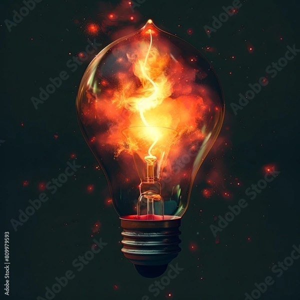 Obraz A light bulb with a fiery core and sparks, symbolizing energy and creativity against a dark background.