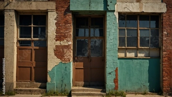 Fototapeta A section of a weathered brick building with faded teal and light beige paint. Wooden doors and windows are visible.