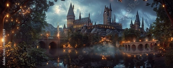 Fototapeta Produce a stunning capturing a panoramic view of a wizard schools graduation ceremony Infuse it with vibrant magical lights, illuminating the scene in a mesmerizing manner