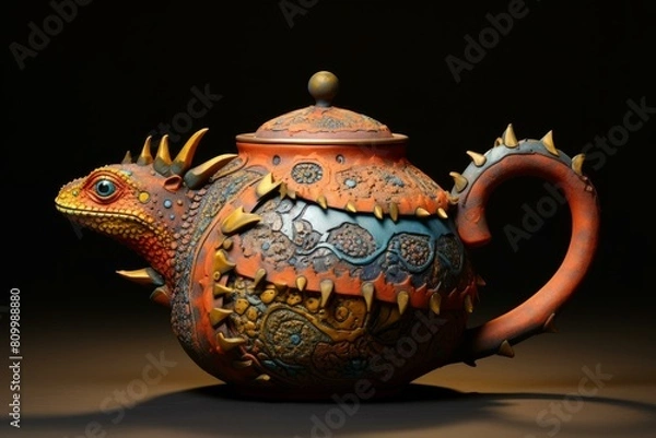 Fototapeta Teapot lizard design. Saurian aesthetic kettle with gecko figure. Generate ai