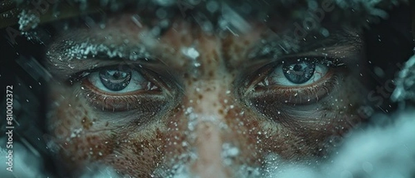 Fototapeta Create a dynamic close-up image capturing the determination and courage in the eyes of an explorer gazing into the unknown, emphasizing their adventurous spirit