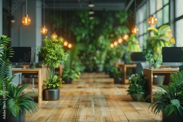 Fototapeta A contemporary office space illuminated with hanging lights and decorated with a variety of green plants
