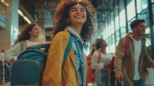 Fototapeta A group of multiethnic friends with luggage at an airport. Travel and adventure concept