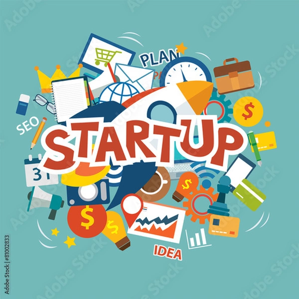 Obraz startup new business project with rocket image flat design