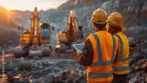 Fototapeta Construction engineers supervising progress of construction project. Excavators preparing to lay foundation in background.
