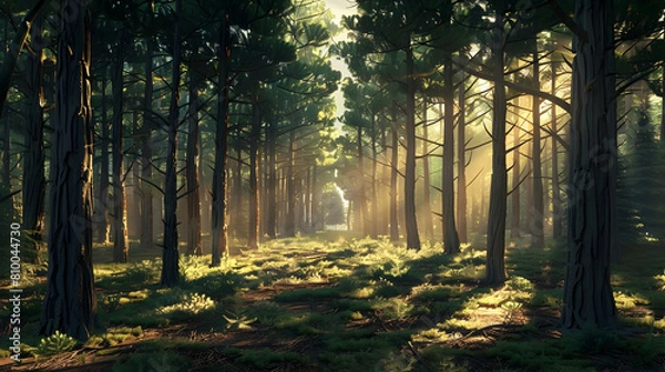 Fototapeta A serene early morning in a dense coniferous forest, the sunlight filtering through tall pine trees, casting long shadows on a carpet of pine needles