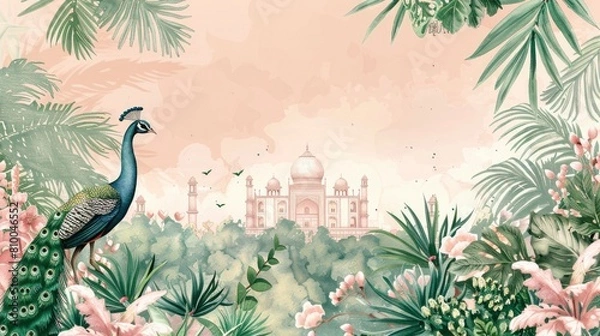 Fototapeta A pastel light pink and green wedding invitation card with an Indian palace in the background, a peacock bird, plants and flowers, and watercolor painting with muted colors