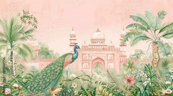 Obraz A pastel light pink and green wedding invitation card with an Indian palace in the background, a peacock bird, plants and flowers, and watercolor painting with muted colors