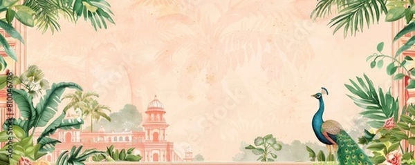 Fototapeta A pastel light pink and green wedding invitation card with an Indian palace in the background, a peacock bird, plants and flowers, and watercolor painting with muted colors