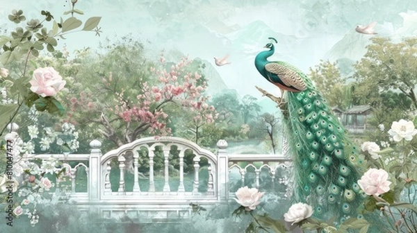 Fototapeta Vintage wallpaper of a Parisian Chinoiserie Garden with a peacock, flowers and birds in pastel green tones, a white marble fence, arches, a garden, rococo, Asian art, a romantic scenery,  watercolor