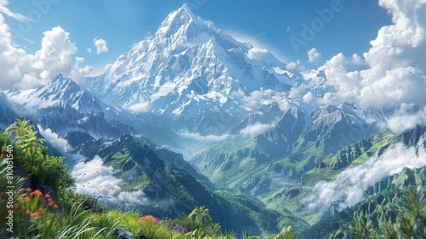 Fototapeta Capture the majestic rear view of snow-capped peaks rising above lush valleys, using vibrant digital CG 3D techniques to bring the mountain range to life