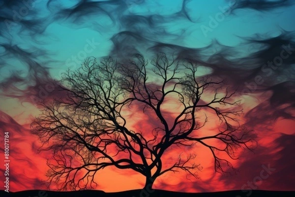 Fototapeta Lone tree's silhouette stands out against a dramatic red and blue sunset sky with swirling clouds