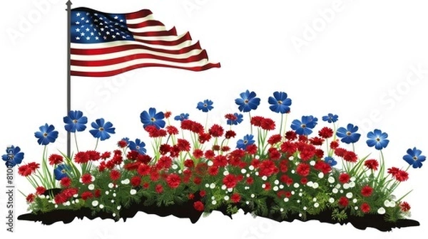 Fototapeta In memorial day, American flag on top and red white and blue flowers in front of the tombstone.