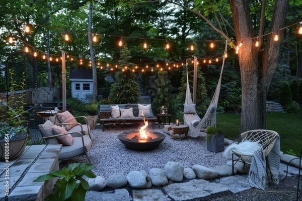 Fototapeta Cozy backyard with string lights, fire pit, and comfortable seating at dusk