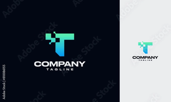 Fototapeta T Initial letter with Digital Pixels Technology Logo Vector design template