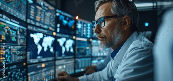 Fototapeta Team of professionals in a sophisticated monitoring control room, intensely focusing on multiple screens displaying various data. The room is equipped with advanced technological tool. Generative AI.