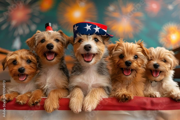 Fototapeta Funny patriotic dog in hat with American flag and fireworks on background, 4 July Independence Day celebration.