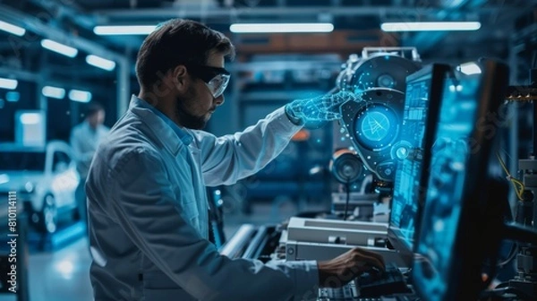 Fototapeta Automotive engineer inspecting car assembly line and control car assembly standards in automobile production and assembly plants