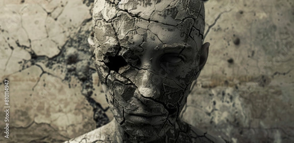 Fototapeta Petrifying Fear: Cracked Stone Figure with Dark Void Eyes Symbolizing Internal Fears