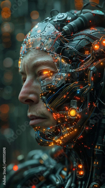 Fototapeta Portrait of a man. Half face in cyberspace. Artificial intelligence concept