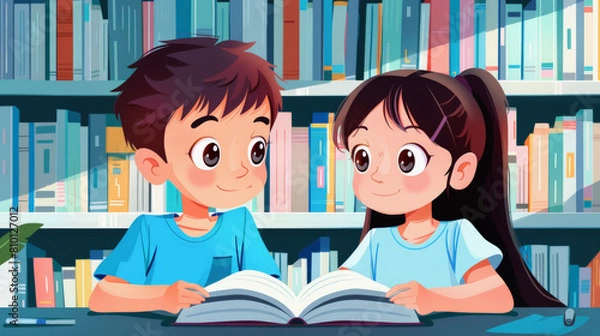 Fototapeta Two animated children, a boy and a girl, are sitting at a table in a library with a book open in front of them, surrounded by bookshelves.