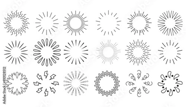 Fototapeta Hand-drawn rays and explosion. Doodle brush ornament lines and surprise symbol. Sun burst, shocked frame, shine starburst elements on white background