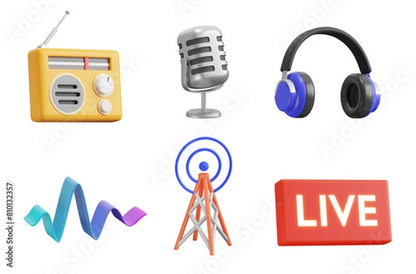 Fototapeta Radio, 3d icon set. Listening radio stations, fm wave. Microphone, Headphones, Sound FM Wave, Radio Tower, Live Recording. 3D object on a transparent background