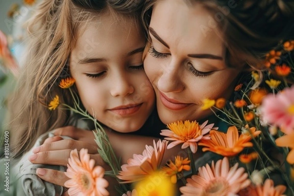 Fototapeta A woman and a child are hugging each other while surrounded by flowers. The woman has a warm and loving expression on her face, and the child looks happy and content. Concept of love, affection