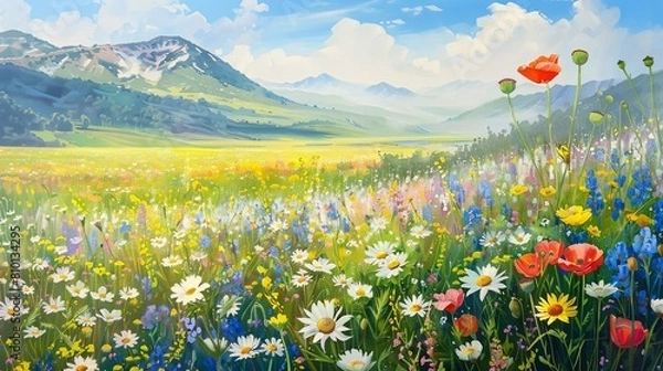 Fototapeta Field of Wildflowers: A vast field bursts with wildflowers, from daisies to poppies, creating a vivid tapestry of colors that stretches across the landscape