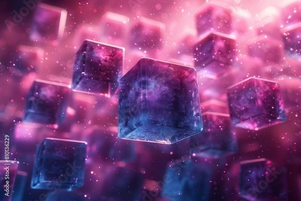 Obraz Glowing geometric shapes, representing futuristic or digital concepts, floating in a cosmic, starry environment with a vivid color palette