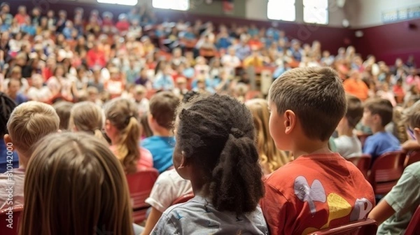 Fototapeta School Assembly: During a school assembly, students and teachers gather in the auditorium, listening to announcements and participating in group activities that foster a sense of community